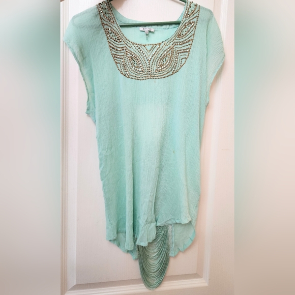 Mint Green Gauze and Fringe Open back Top w Bronze sequins Size M-L - Picture 2 of 9